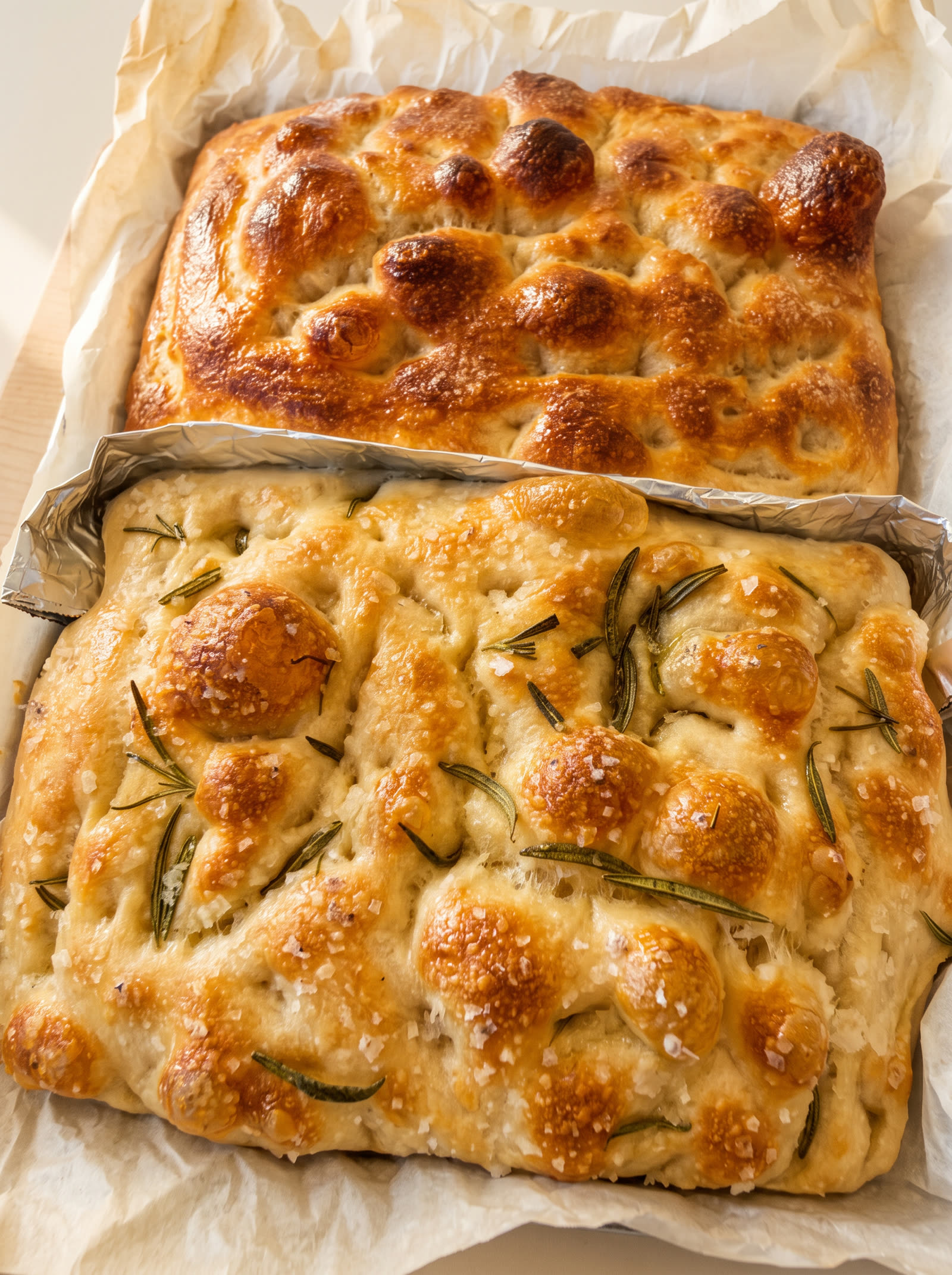 Fresh rosemary focaccia with flaky sea salt on parchment
